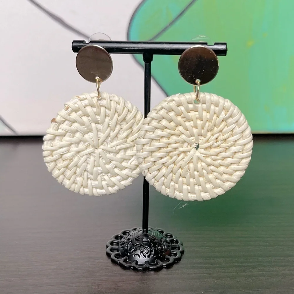 Round Bleached Rattan Whicker Bohemian Earrings ER05.3